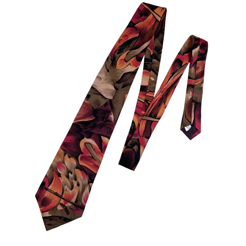 Alessio Mens Silk Tie Abstract Floral Burgundy Orange Tan Made in USA 3.75 Inch